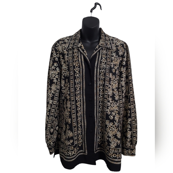 2 FOR💲1️⃣ Alia Black & Tan Abstract Patterned Button-down Blouse Size 8 - Picture 1 of 8